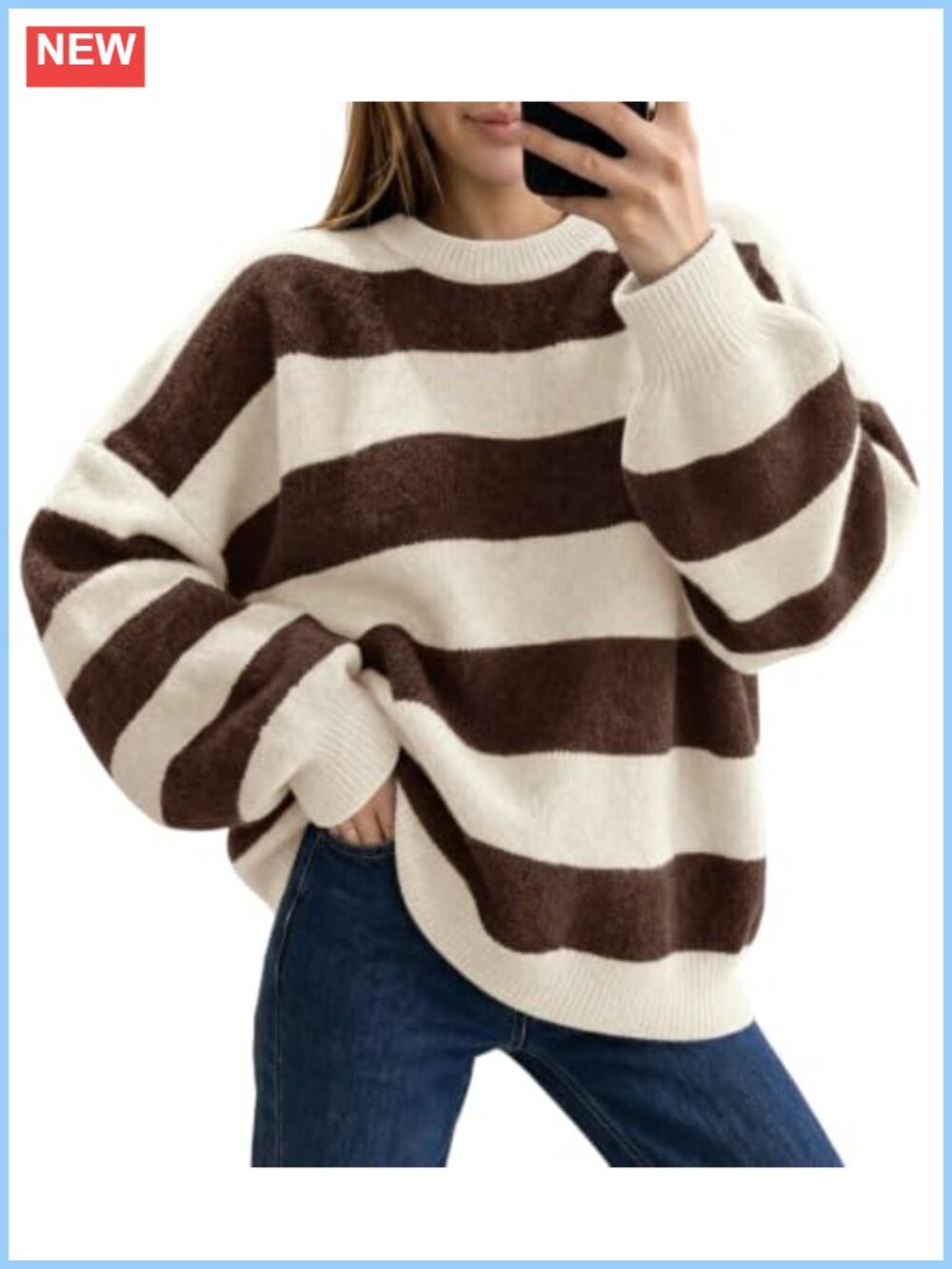 Oversized Striped Color Block Knit Pullover Sweater with Lantern Sleeves